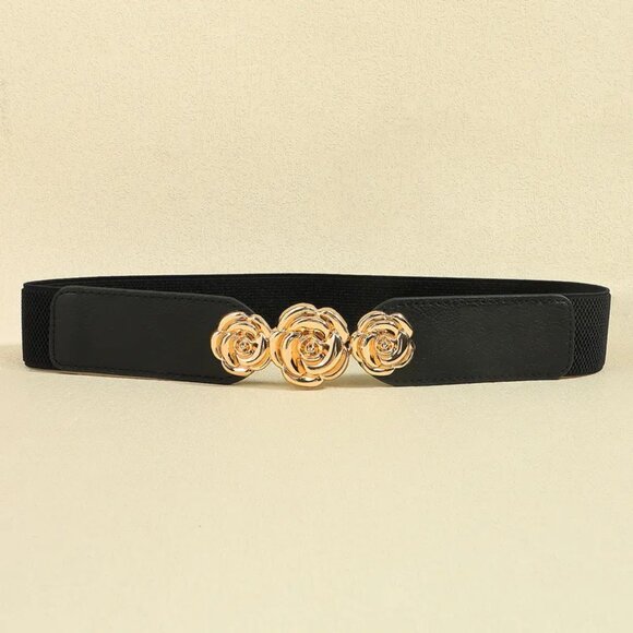 2/$30 Elastic Stretch Black Belt with Gold Rose Buckle Thin Pu Leather For Dress - Picture 5 of 8
